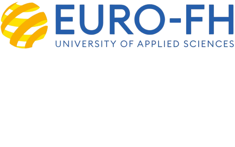 Ein Logo mit einem blauen Schriftzug und einem gelben Symbol.